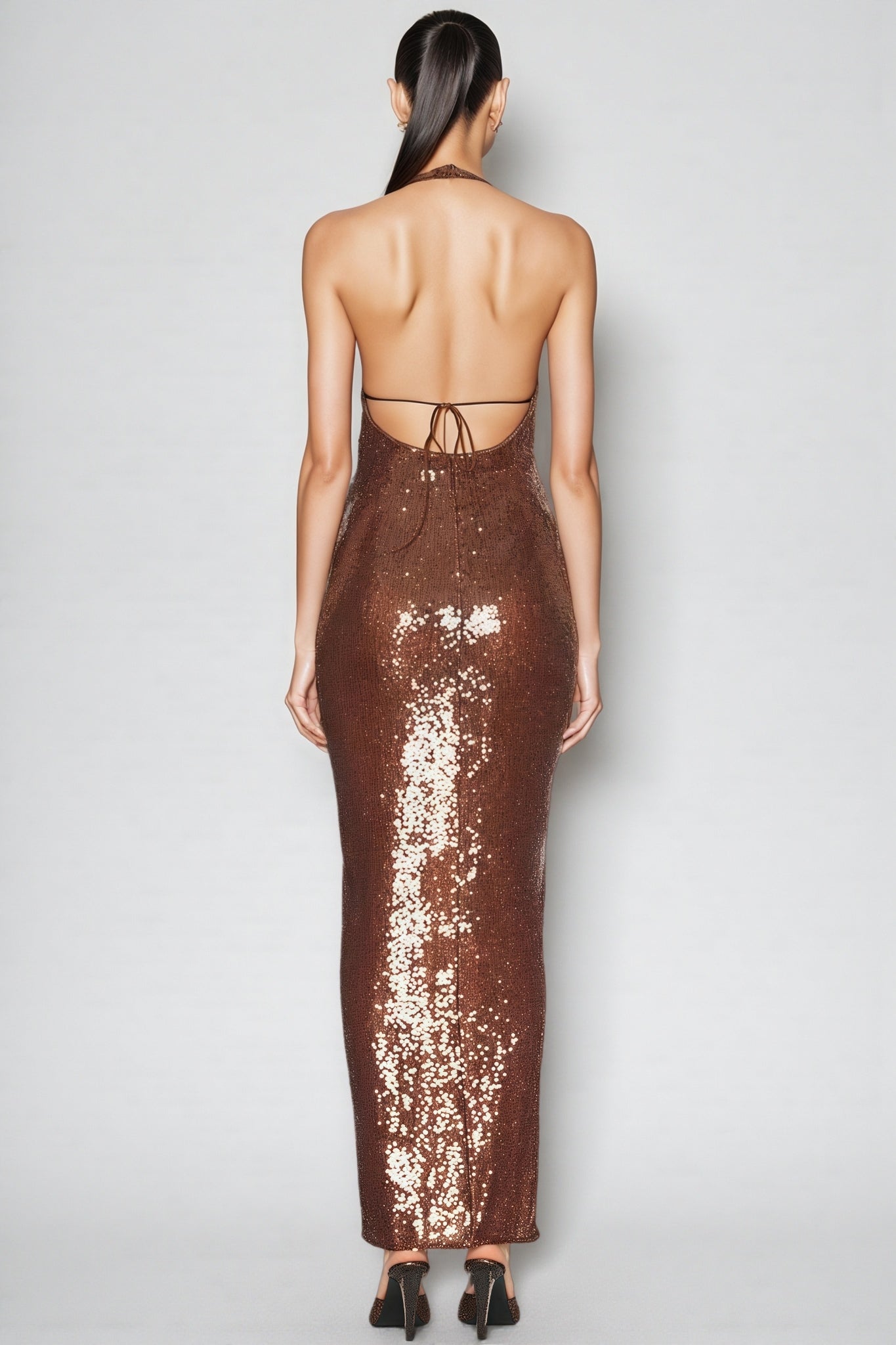 Oriond Brown Backless Sequin Maxi Dress - View 3