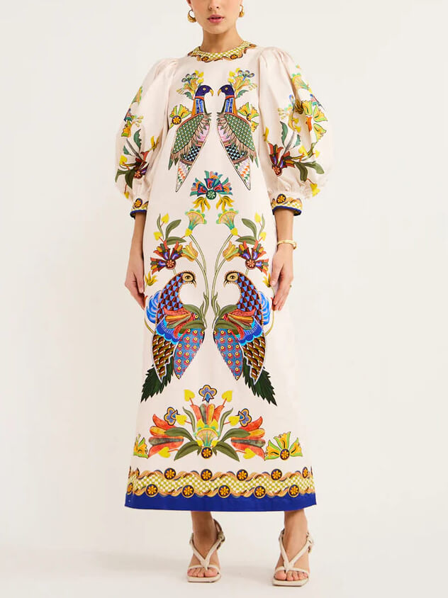 Exquisite And Fun Printed Puff Trendy Sleeves Loose Midi Dress