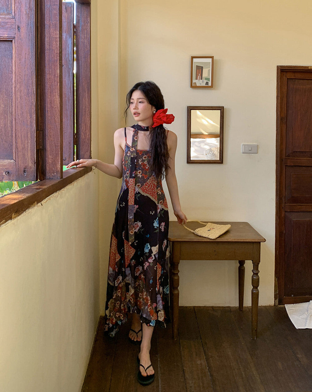 Floral Patchwork Spaghetti Strap Ruffle Maxi Dress 5