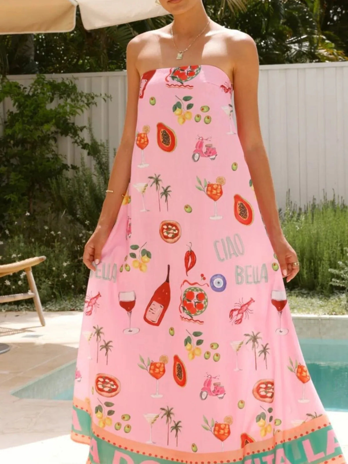 Novelty Print Strapless Border Hem A-Line Maxi Dress