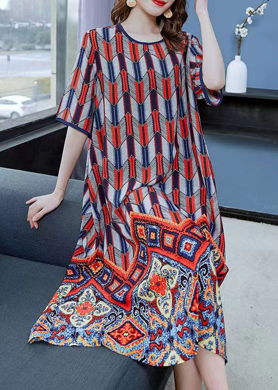 Geometric Chevron Print Ornate Border Short Sleeve Shift Midi Dress