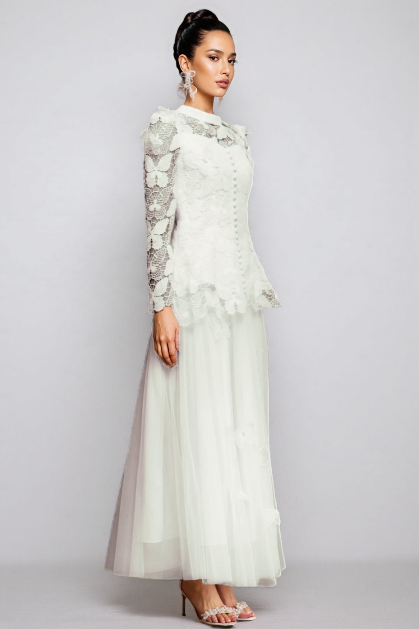 Greetk Folds Lace Butterfly Top Maxi Dress Two-Piece Set - View 2