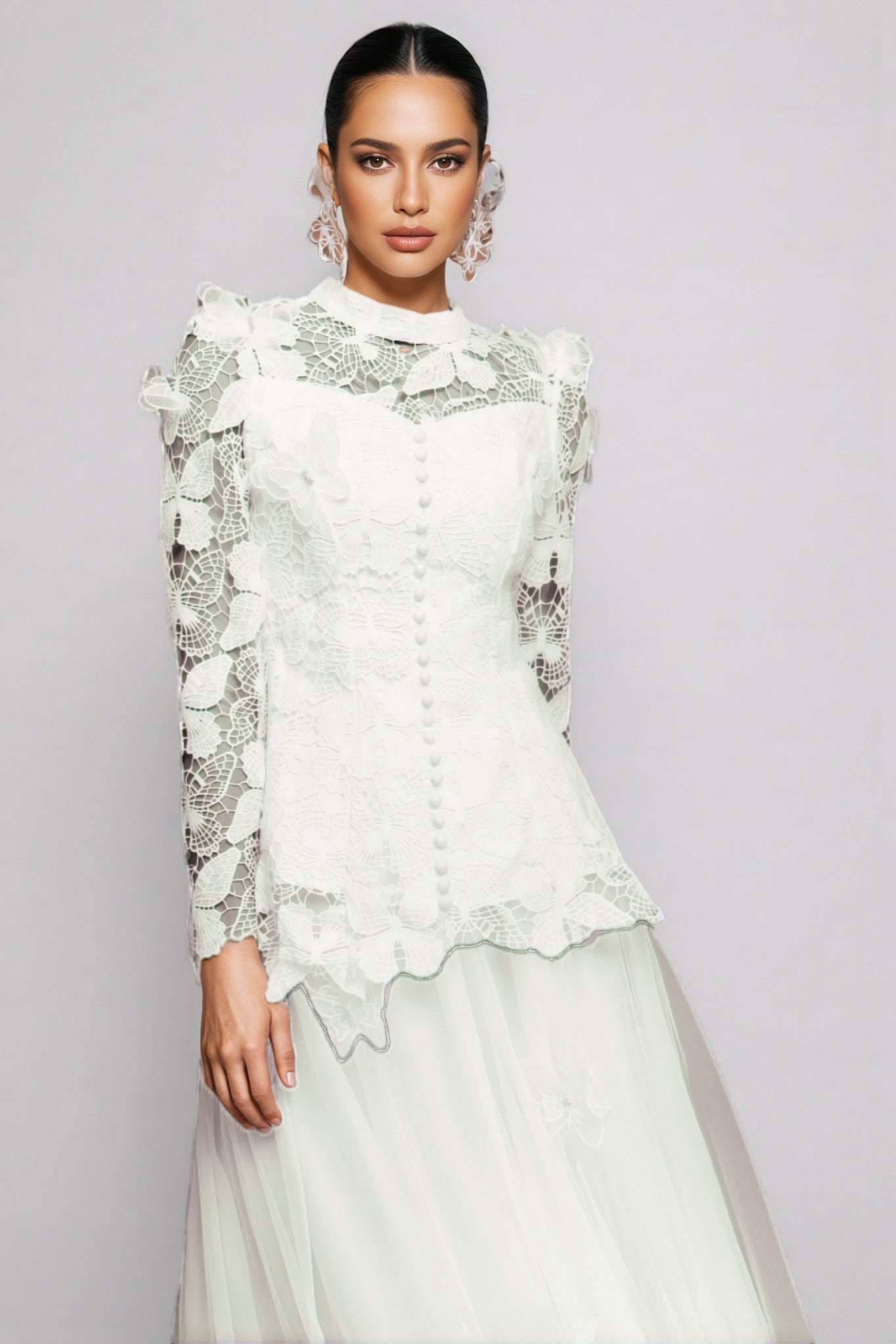 Greetk Folds Lace Butterfly Top Maxi Dress Two-Piece Set - View 4