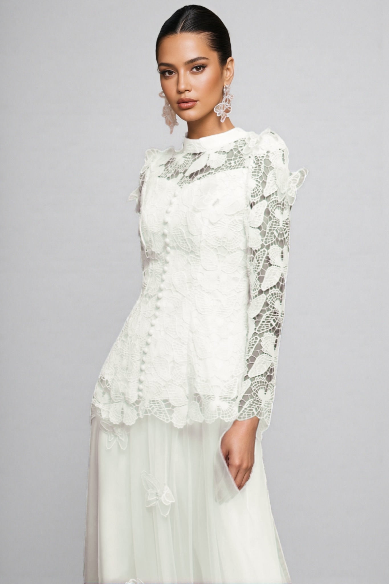 Greetk Folds Lace Butterfly Top Maxi Dress Two-Piece Set - View 5