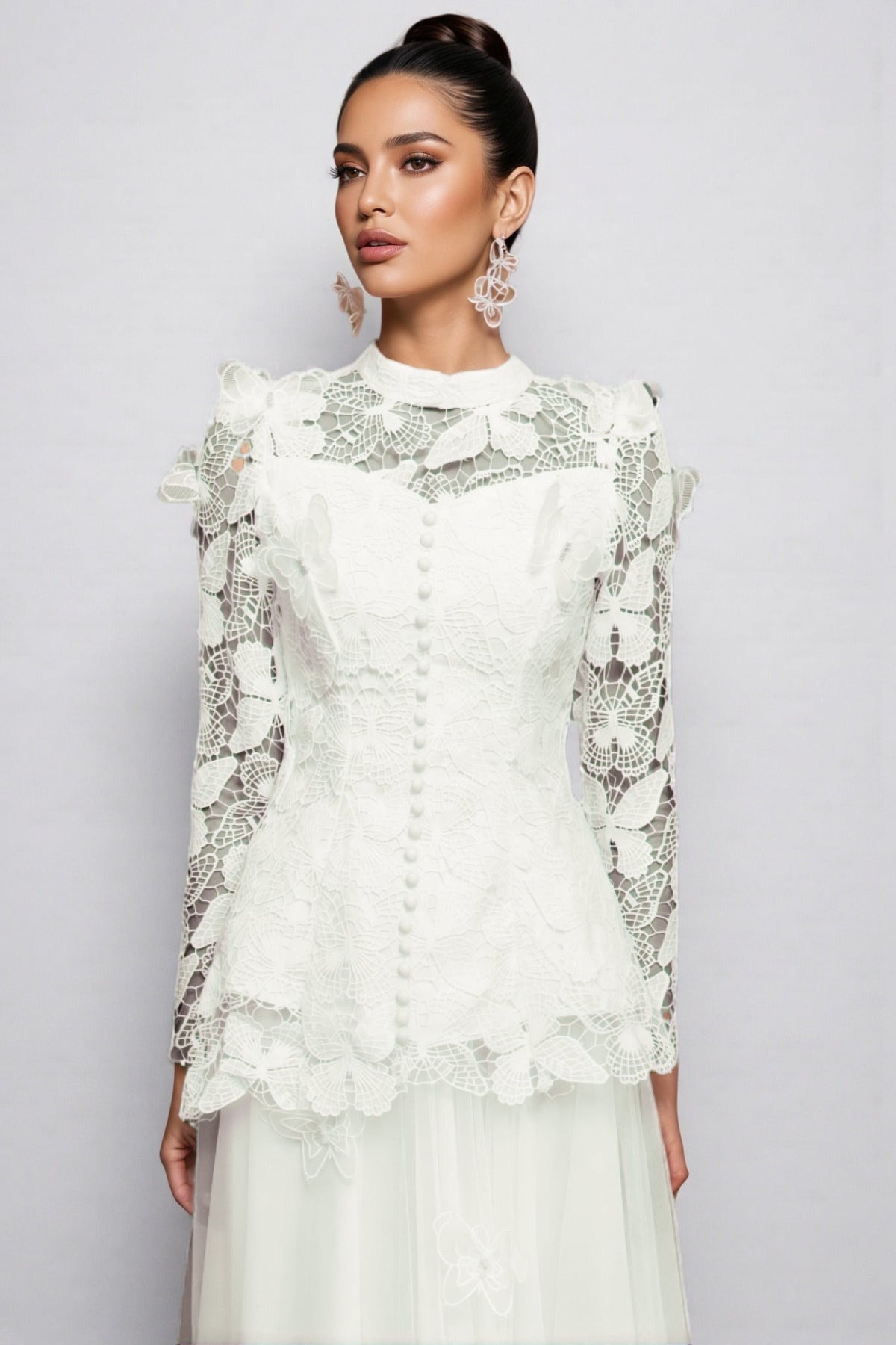 Mock Neck Long Sleeve Floral Lace Button Front Top and Tulle Maxi Skirt Two Piece Set 3