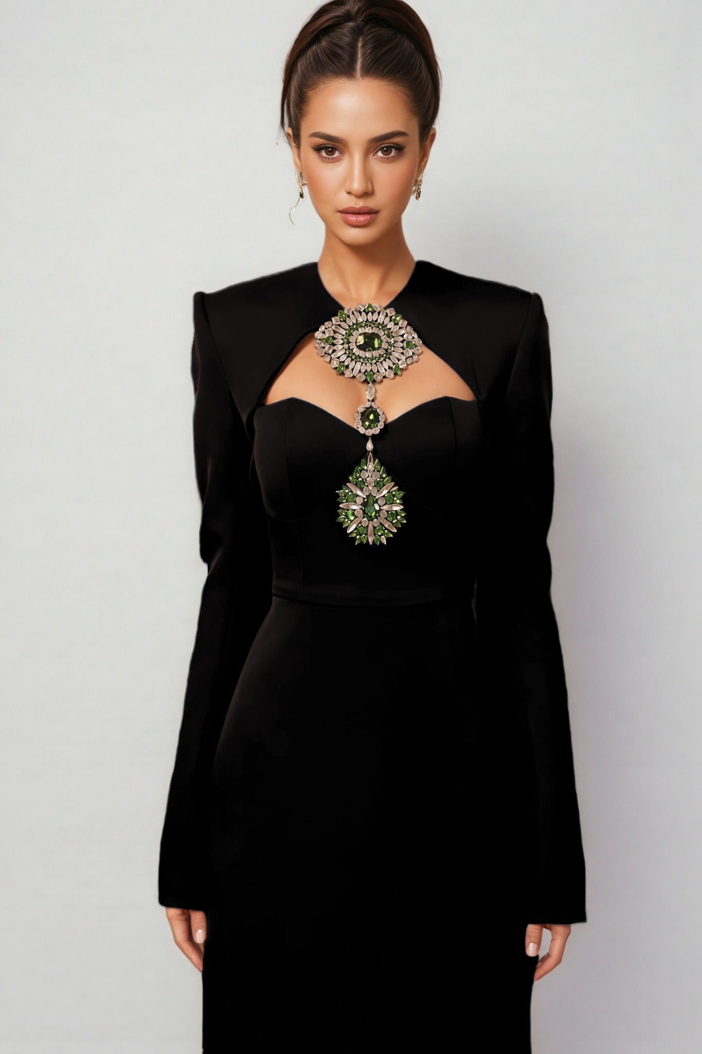 Crystal Brooch Chest Cut Out Long Sleeve Column Maxi Gown