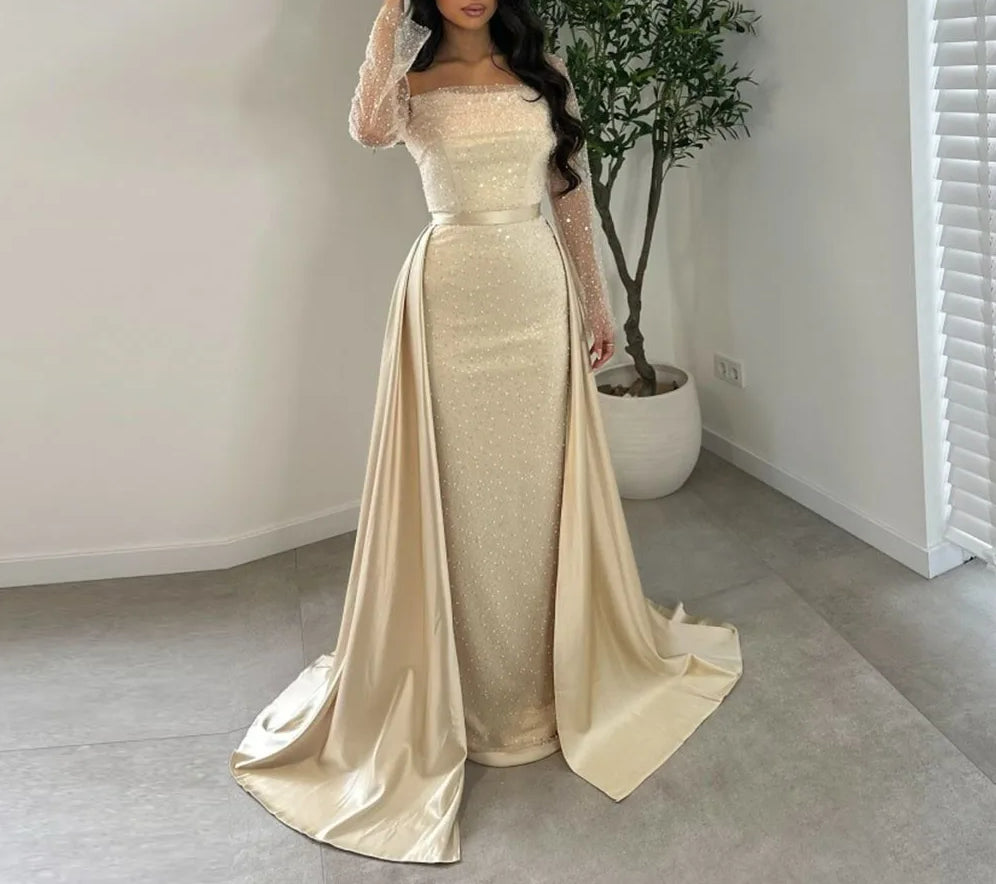 Pearl Beaded Long Sleeve Satin Mermaid Overskirt Gown