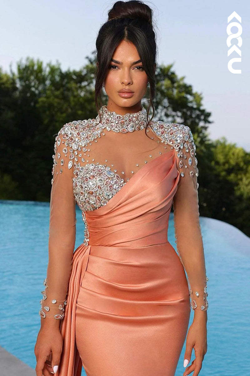L2172 - Charming High neck Ruched Mermaid Party Prom Dress With Rhinestone