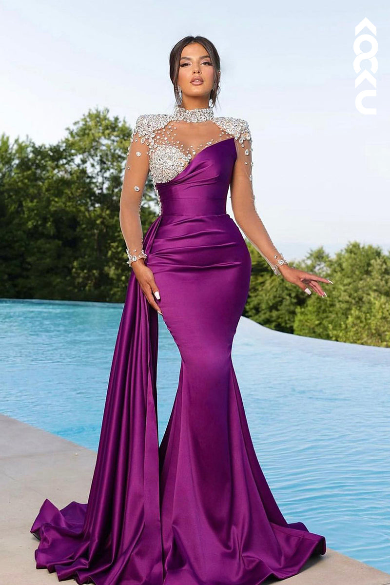 L2172 - Charming High neck Ruched Mermaid Party Prom Dress With Rhinestone
