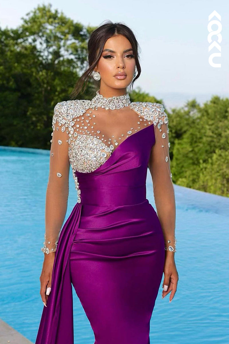 L2172 - Charming High neck Ruched Mermaid Party Prom Dress With Rhinestone