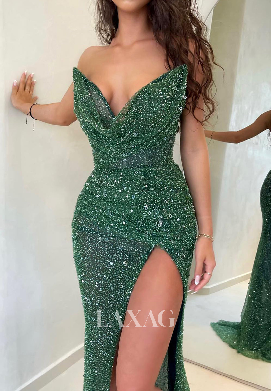 Deep V-Neck Off-Shoulder Sleeveless Fully Sequined Beaded Pleated Mermaid Prom Dress with High Slit