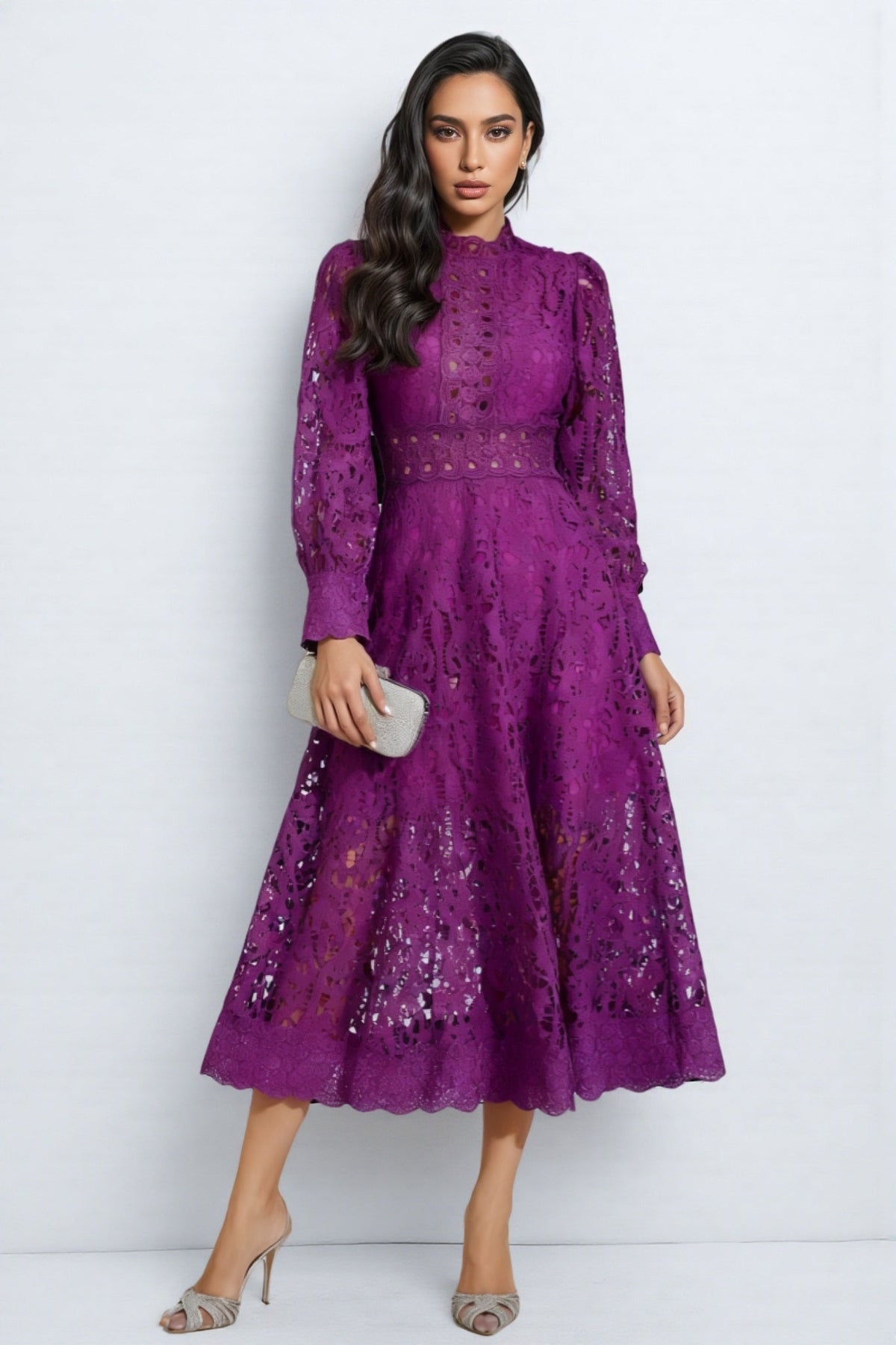 Eyelet Lace Mock Neck Long Sleeve Cut Out A-Line Midi Dress