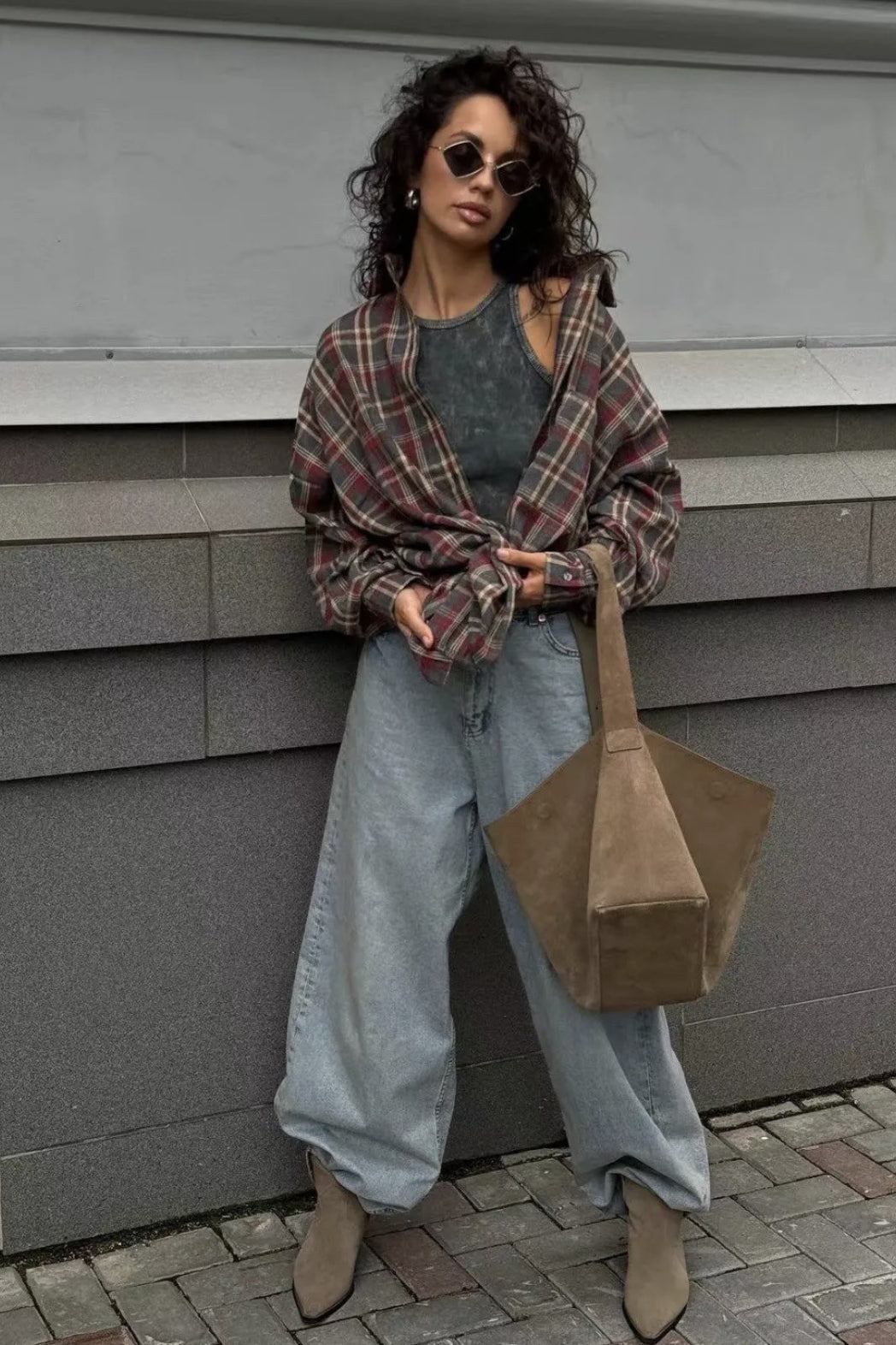 Plaid Collared Long Sleeve Button Front Oversized Shirt 3