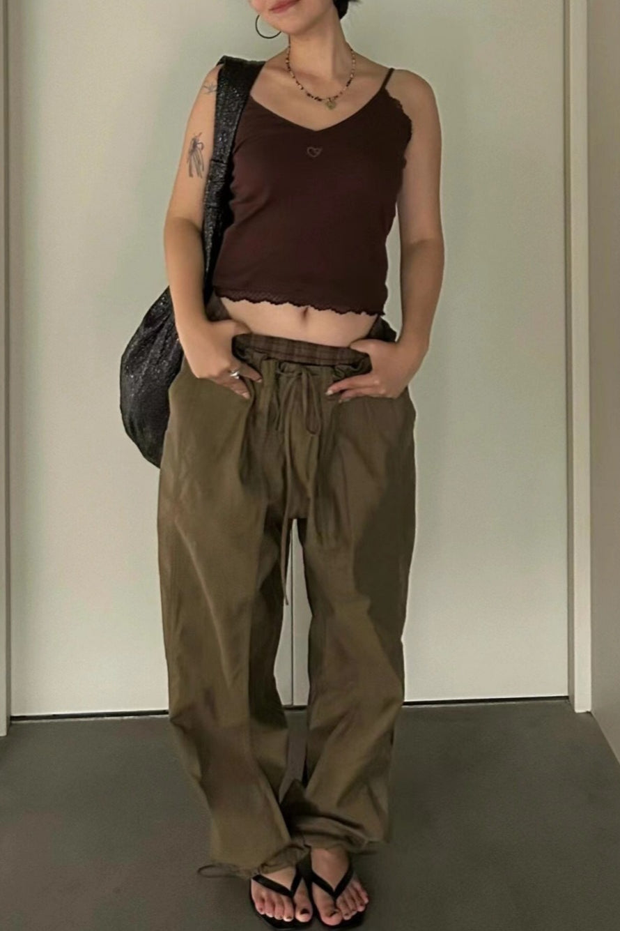 Color Block Plaid Elastic Double Waist Khaki Cargo Pants