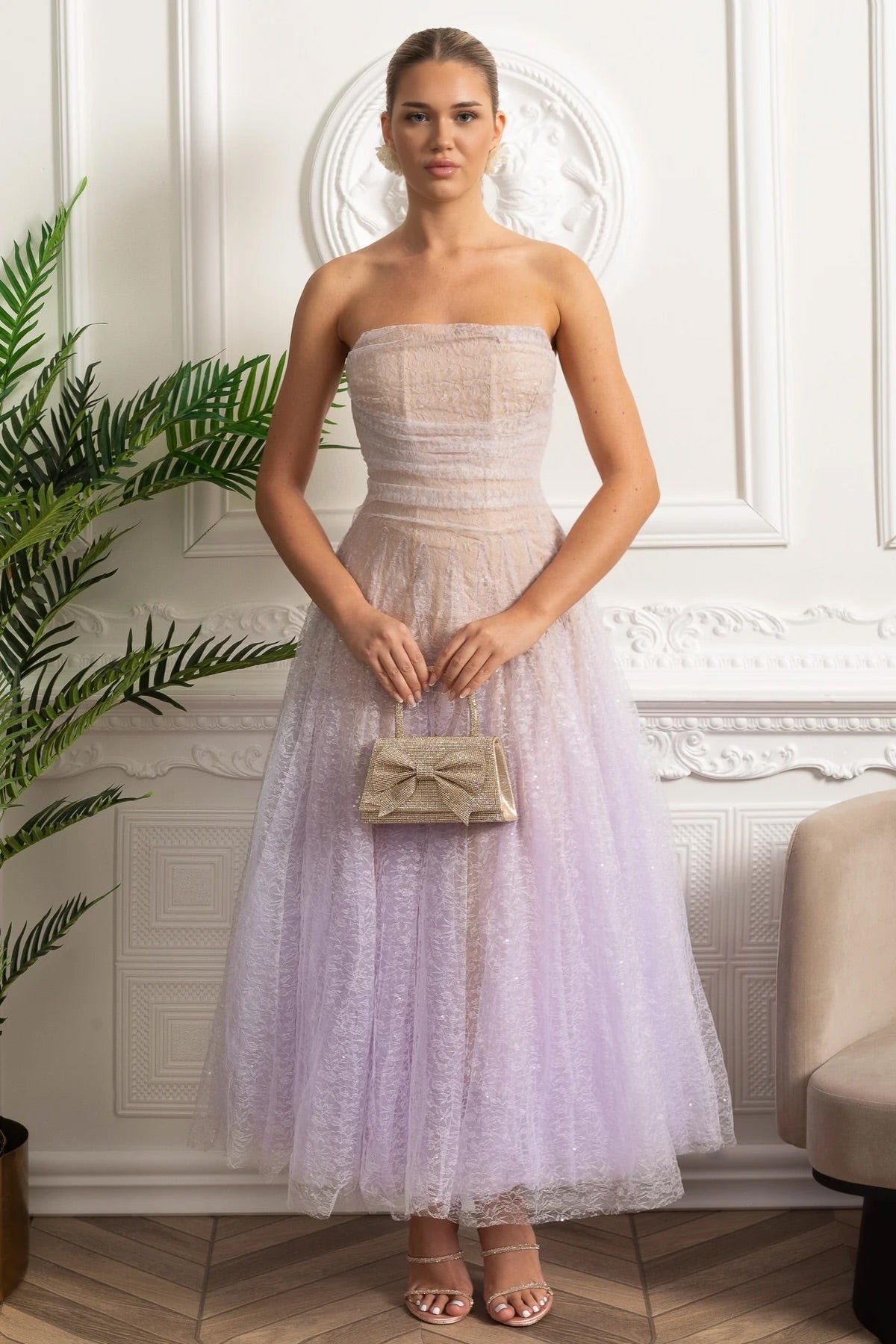 Strapless Ombre Lace Tulle A-Line Midi Dress