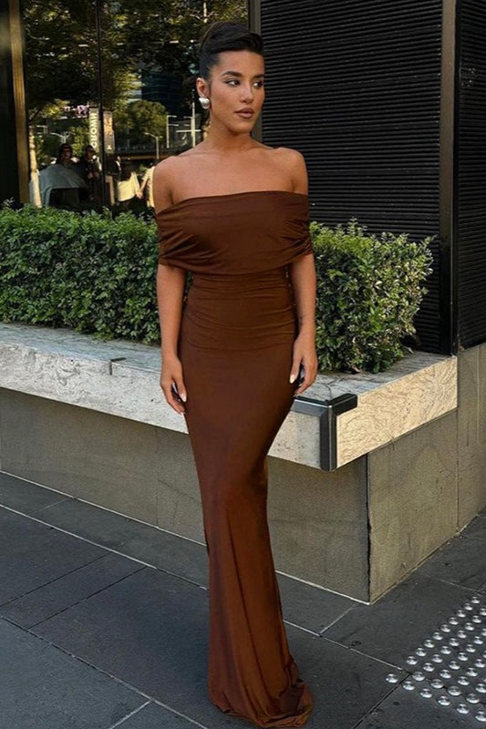 Off Shoulder Draped Ruched Bodycon Maxi Dress
