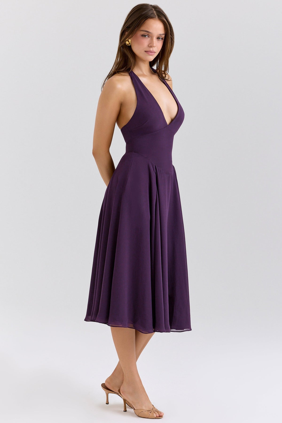 Georgette Halter Plunge Fit and Flare Midi Dress 4