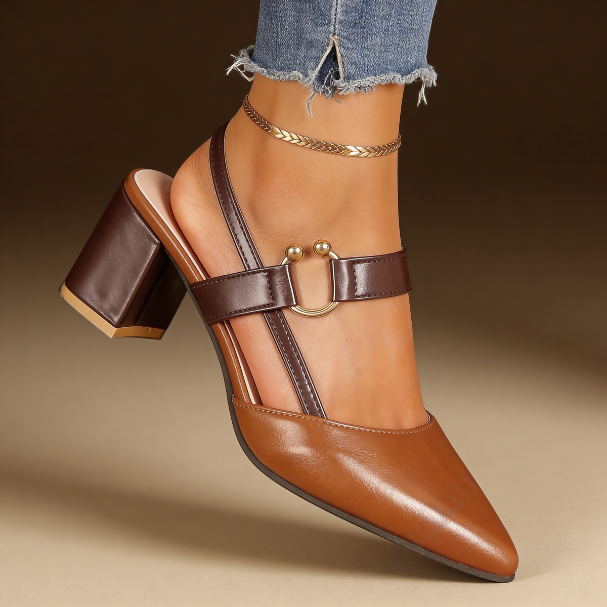 Pointed Toe Buckle Slingback Block Heel Pumps