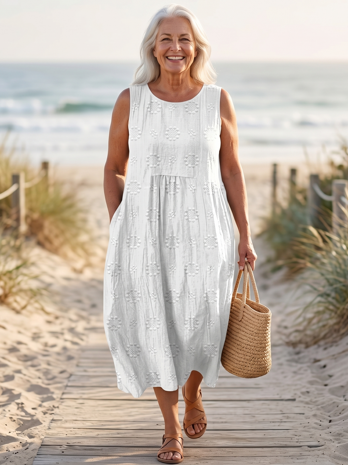 Round Neck Sleeveless Textured Embroidered Midi Dress 4
