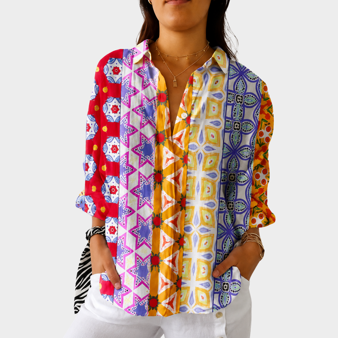 Mixed Tile Print Collared Long Sleeve Button Up Shirt