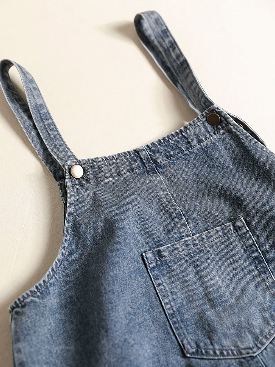 Summer Retro Washed Solid Spliced Denim Vest Dress