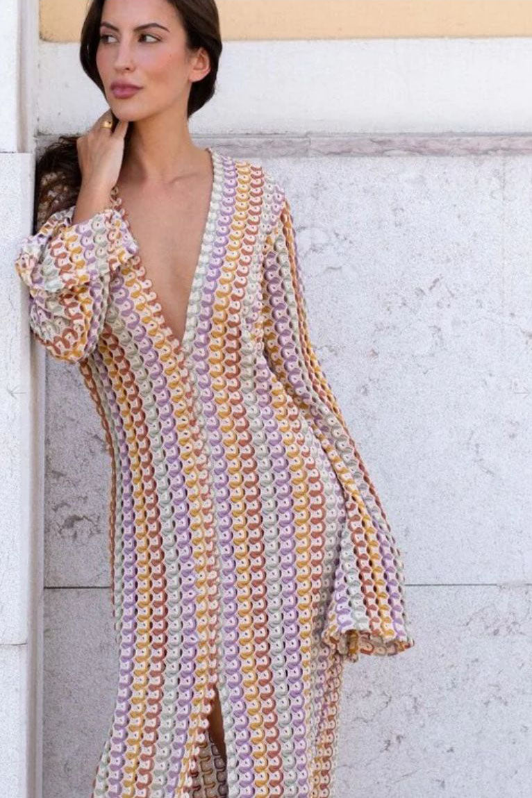 Crochet Deep V-Neck Long Sleeve Striped Boho Maxi Dress