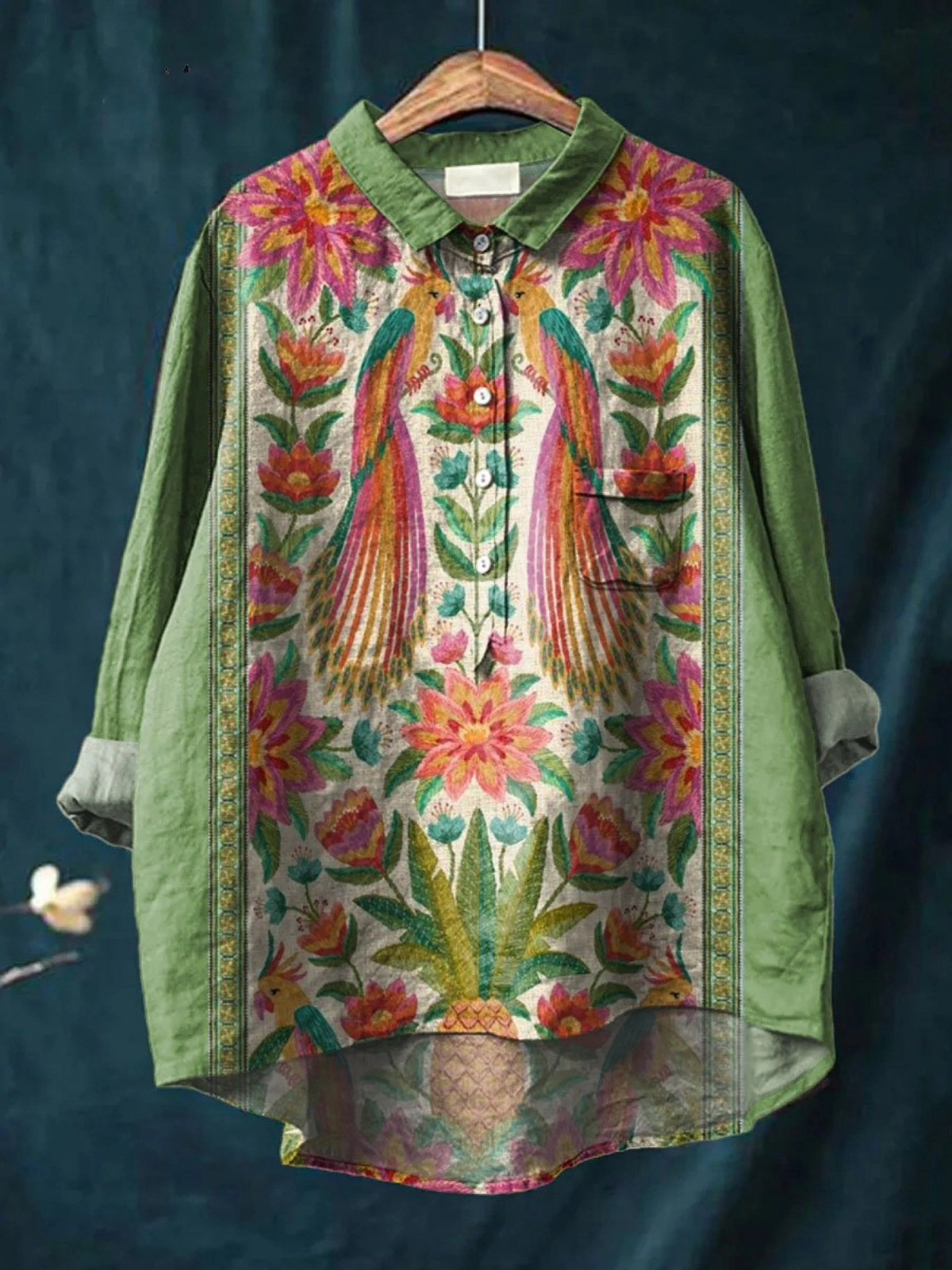 Collared Long Sleeve Floral Bird Print High Low Shirt