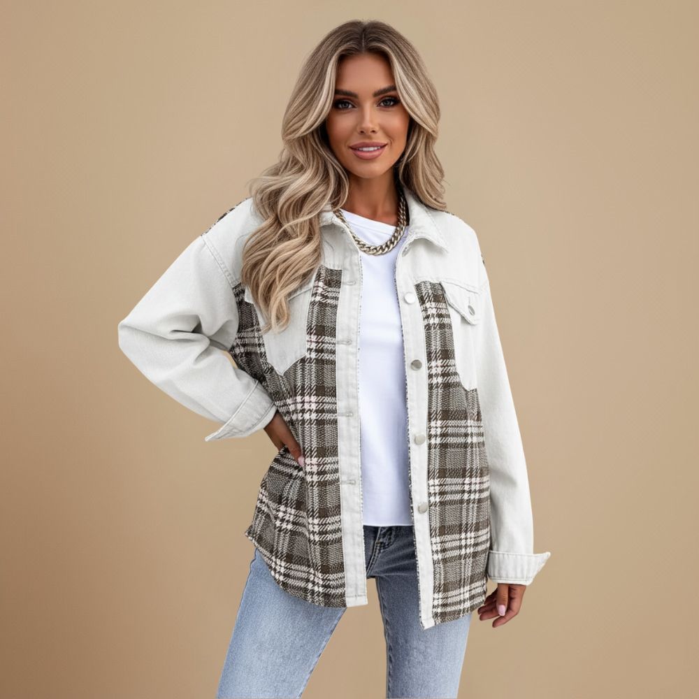 Denim Jacket with Plaid Patchwork and Button Closure