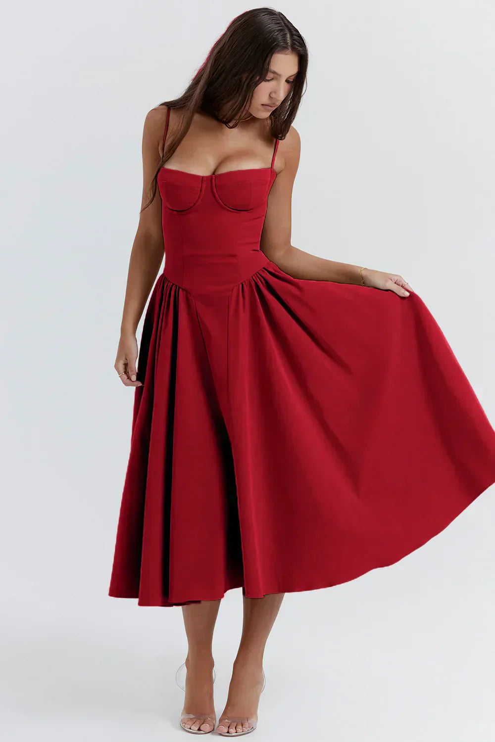 Milagros Premium Open-Shoulder Midi Dress with a Corset Fit Elevated Occasion Wear