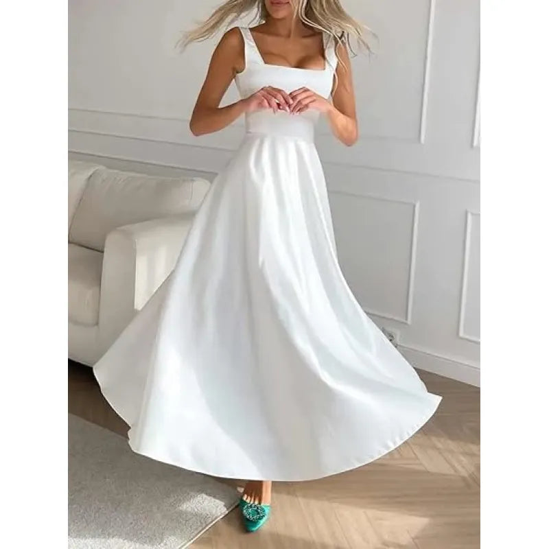 Satin Square Neck Rhinestone Trim Wide Strap Fit and Flare Formal Maxi Gown