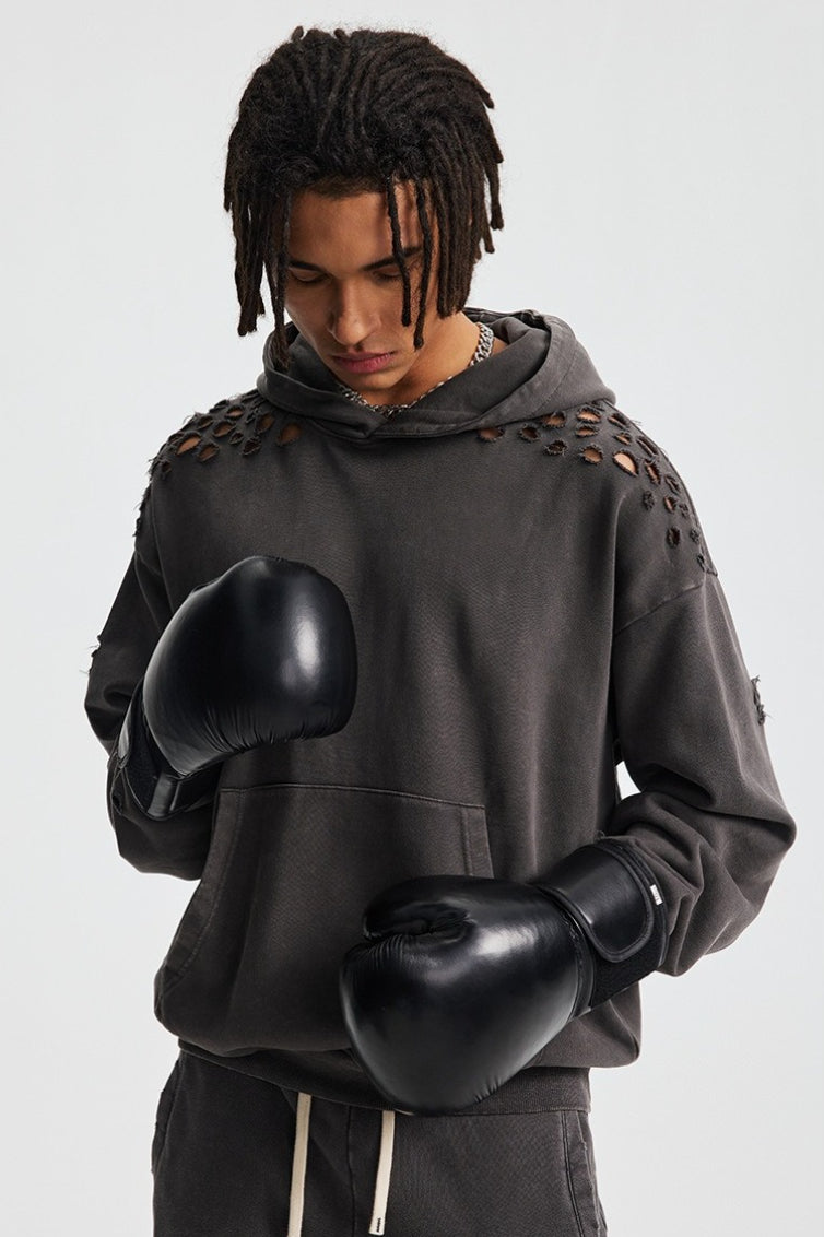 Ripped Washed Snow Print Hoodie