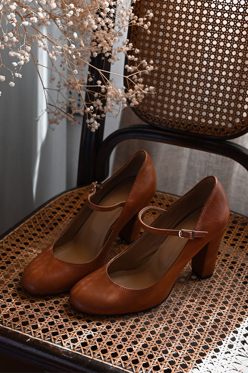 Round Toe Buckle Strap Block Heel Mary Jane Pumps