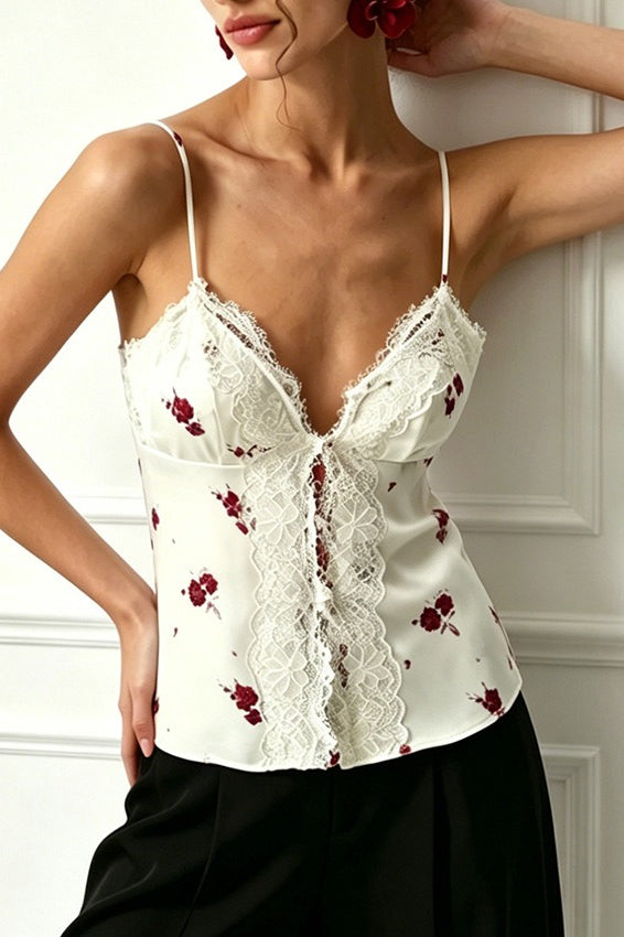 Floral Lace Trim Button Cami Top