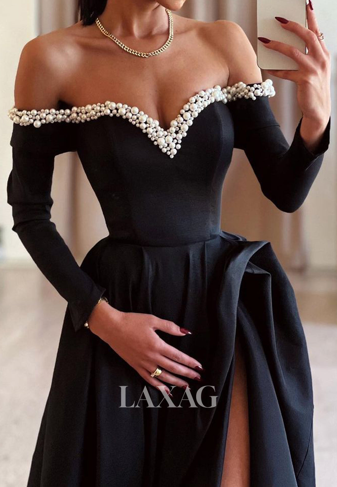 Sweetheart Off-Shoulder Long Sleeves Formal Gowns Beaded Pearls A-Line Prom Dress with High Slit