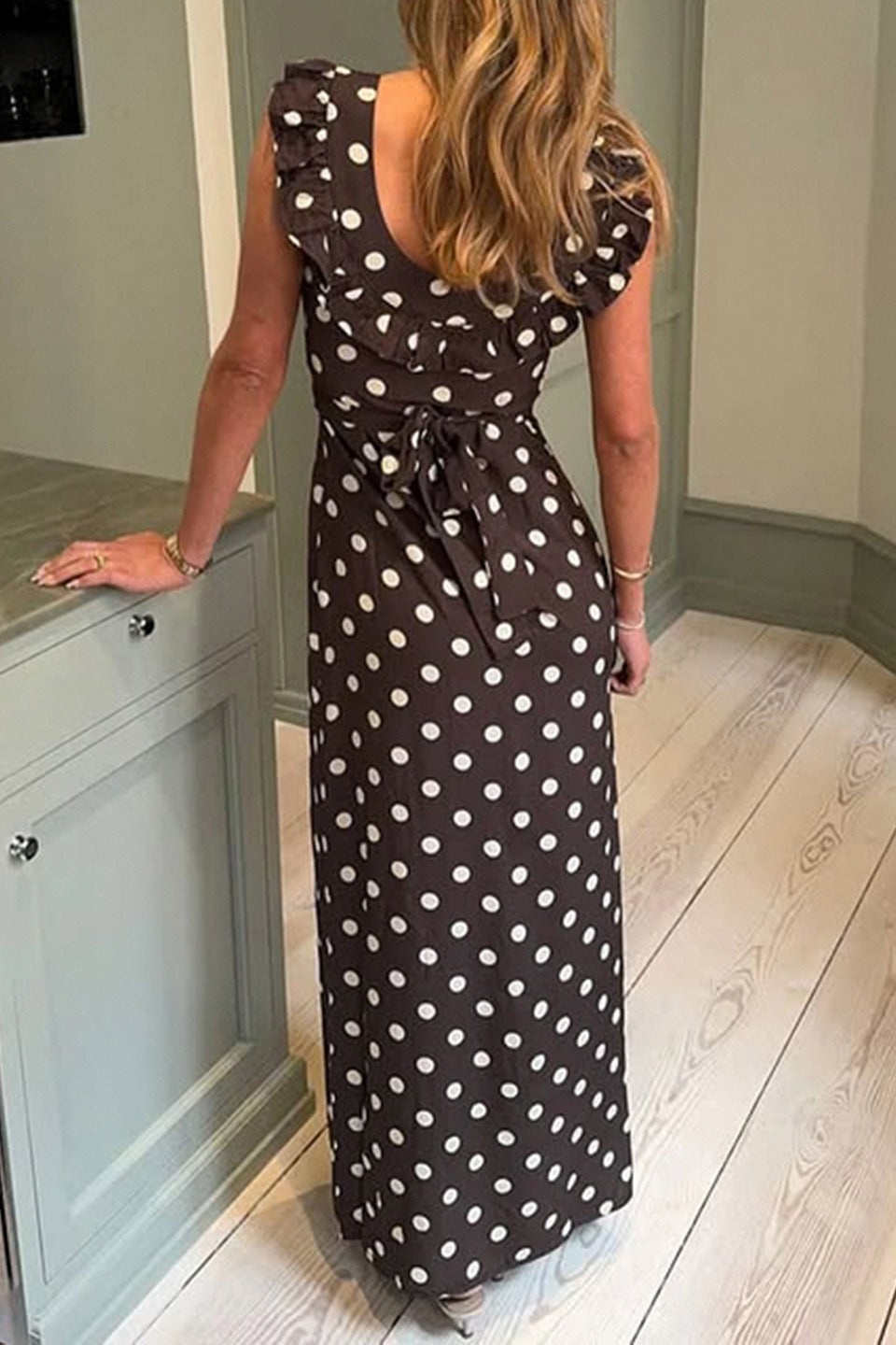 Polka Edition Dot UNeck Ruffled Bodycon Maxi Dress