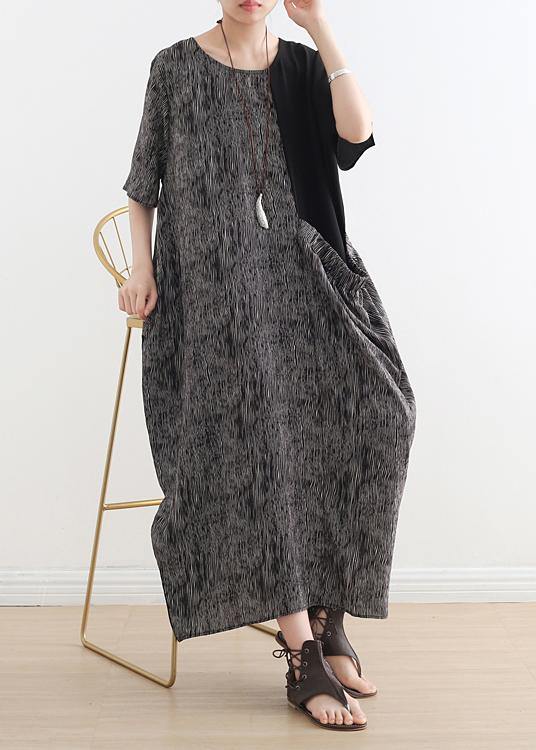 Textured Stripe Print Short Sleeve Patch Pocket Oversized Maxi Dress