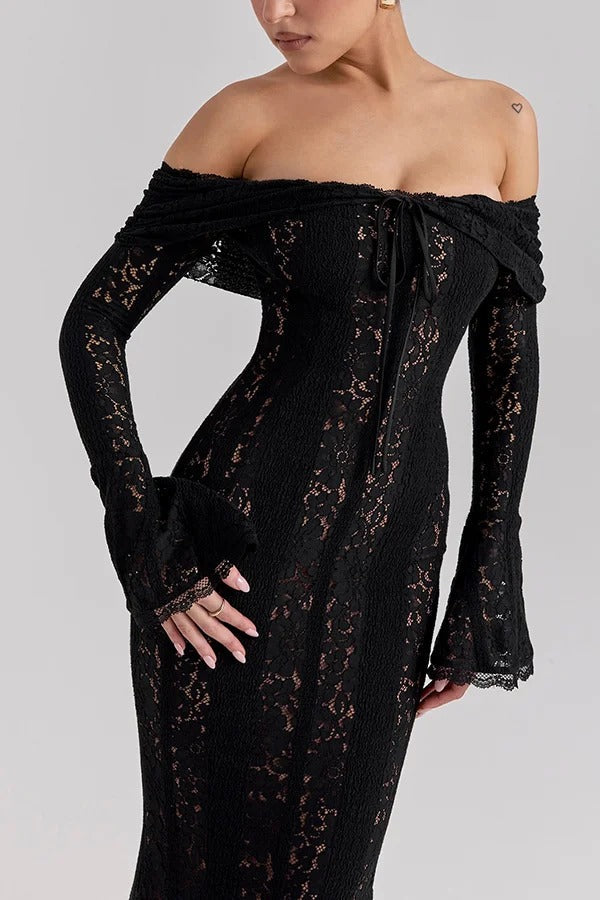 Leila Elevated Off Shoulder Floral Lace Flared Sleeve Fishtail Maxi Dress White Occasion Wear