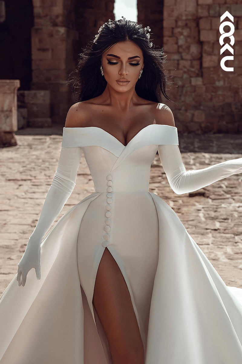 K2005 - Elegant & Charming Off-Shoulder Long Sleeves A-line Slit Wedding Dress