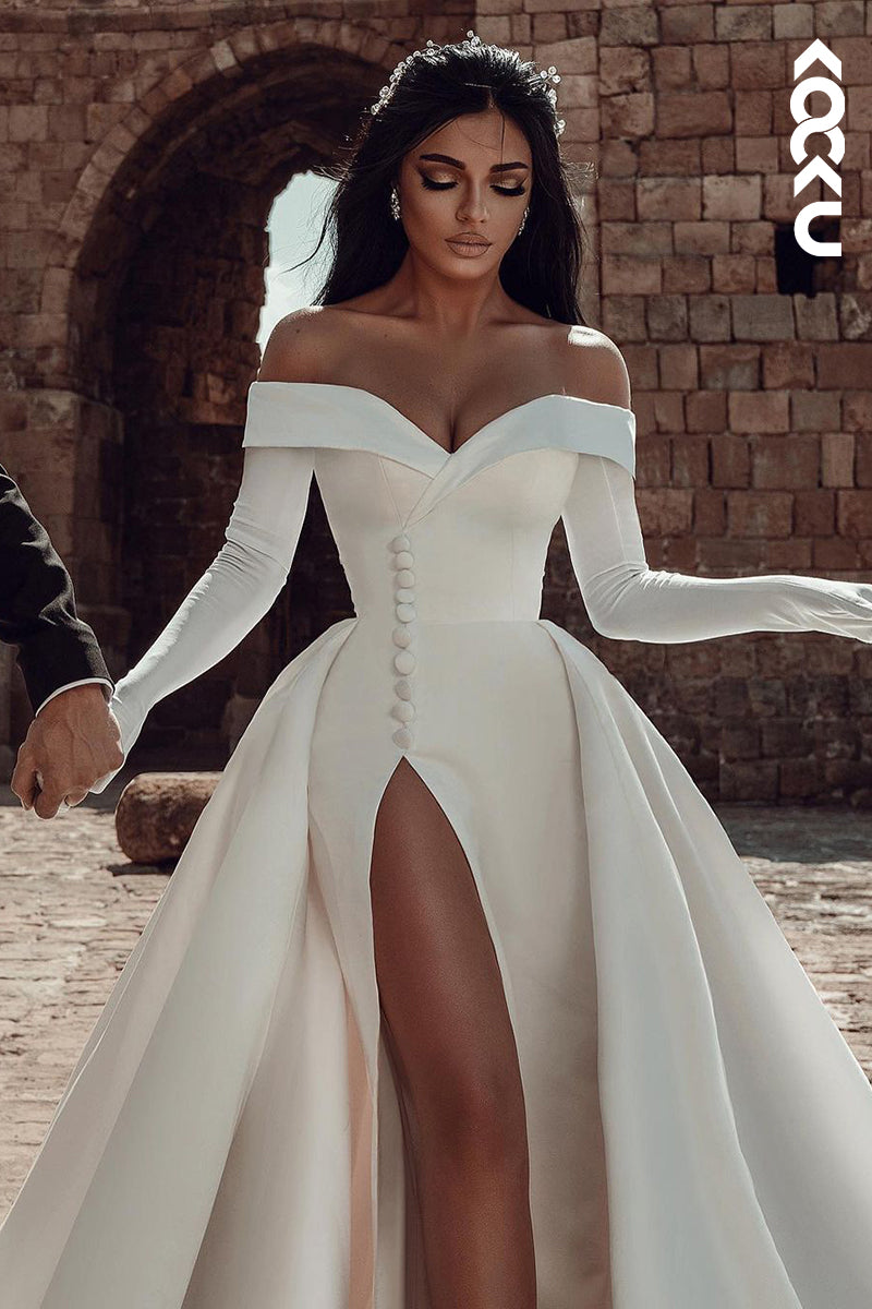 K2005 - Elegant & Charming Off-Shoulder Long Sleeves A-line Slit Wedding Dress