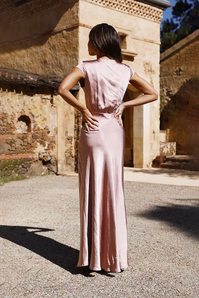 Satin Wrap Deep V-Neck Flutter Sleeve A-Line Maxi Gown
