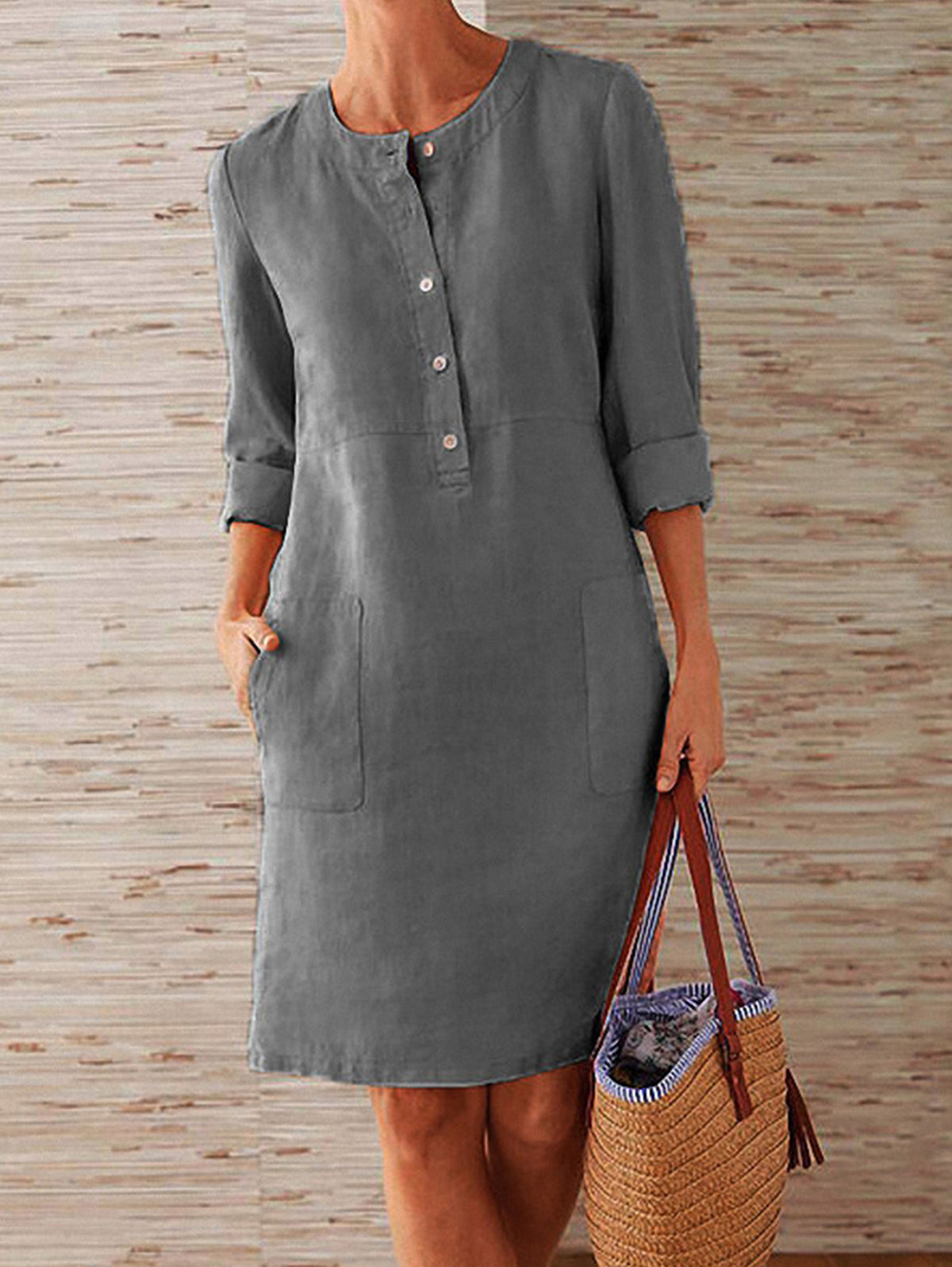 Button Front Round Neck Patch Pocket Three Quarter Sleeve Linen Look Shift Dress