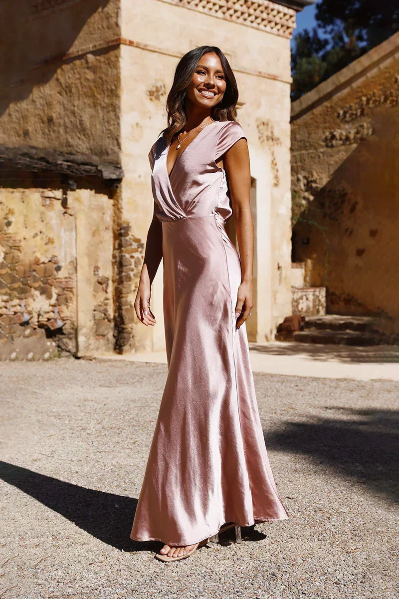Satin Wrap Deep V-Neck Flutter Sleeve A-Line Maxi Gown