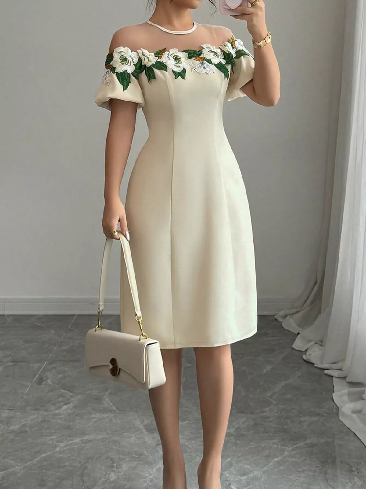 Floral Embroidered Mesh Yoke Puff Sleeve Sheath Midi Dress