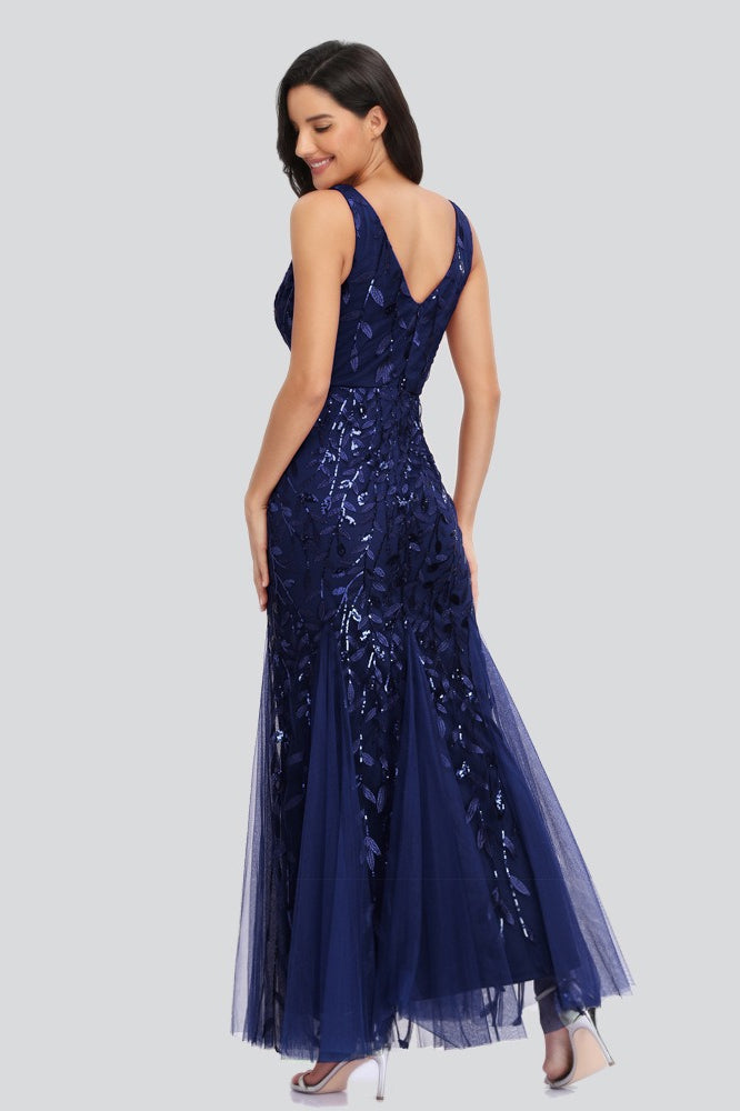 Sequin V-Neck Embroidered Mermaid Maxi Prom Dress