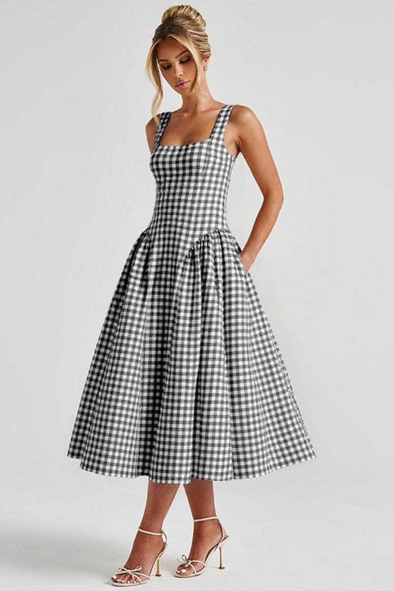 Plaid Square Neck Sleeveless Fit and Flare Midi Dress
