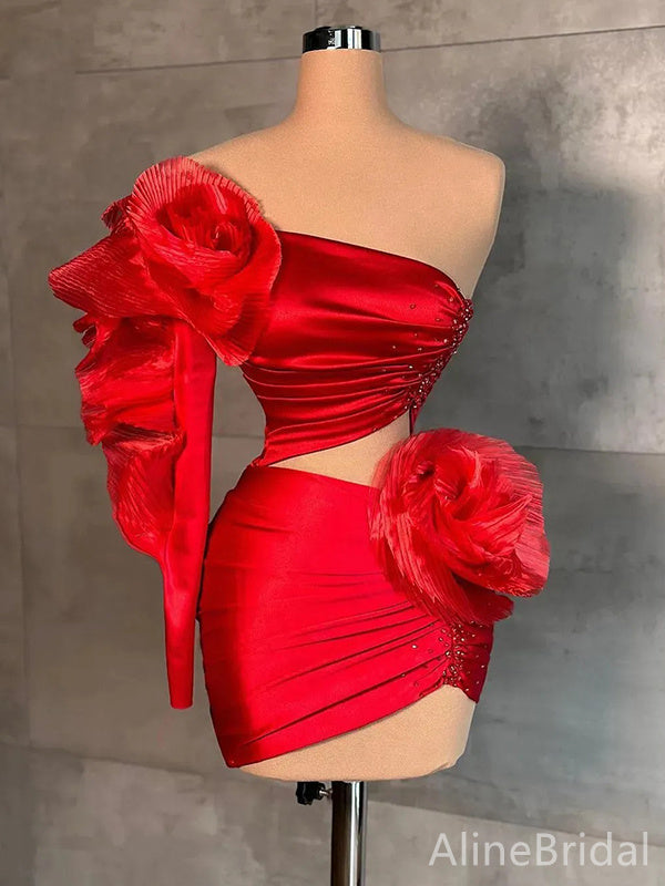 Satin One Shoulder Rosette Long Sleeve Cut Out Mini Homecoming Dress