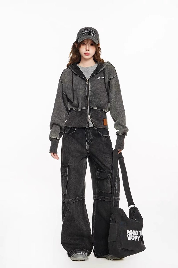 Washed Embroidered Cropped Hoodie