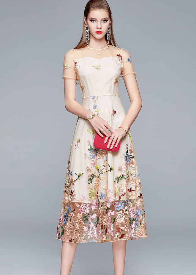 Floral Embroidered Mesh Illusion Neck Short Sleeve Overlay Hem Midi Dress