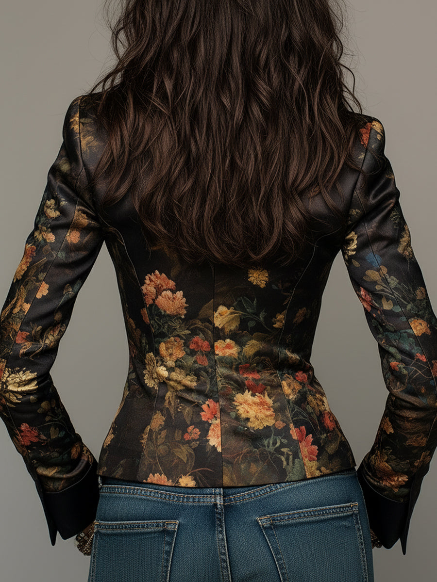 Floral Print Satin Peplum Fitted Blazer