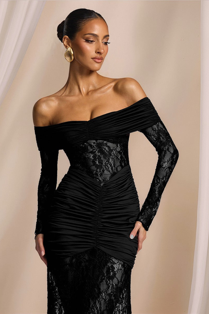 Lace Off Shoulder Long Sleeve Ruched Mermaid Gown